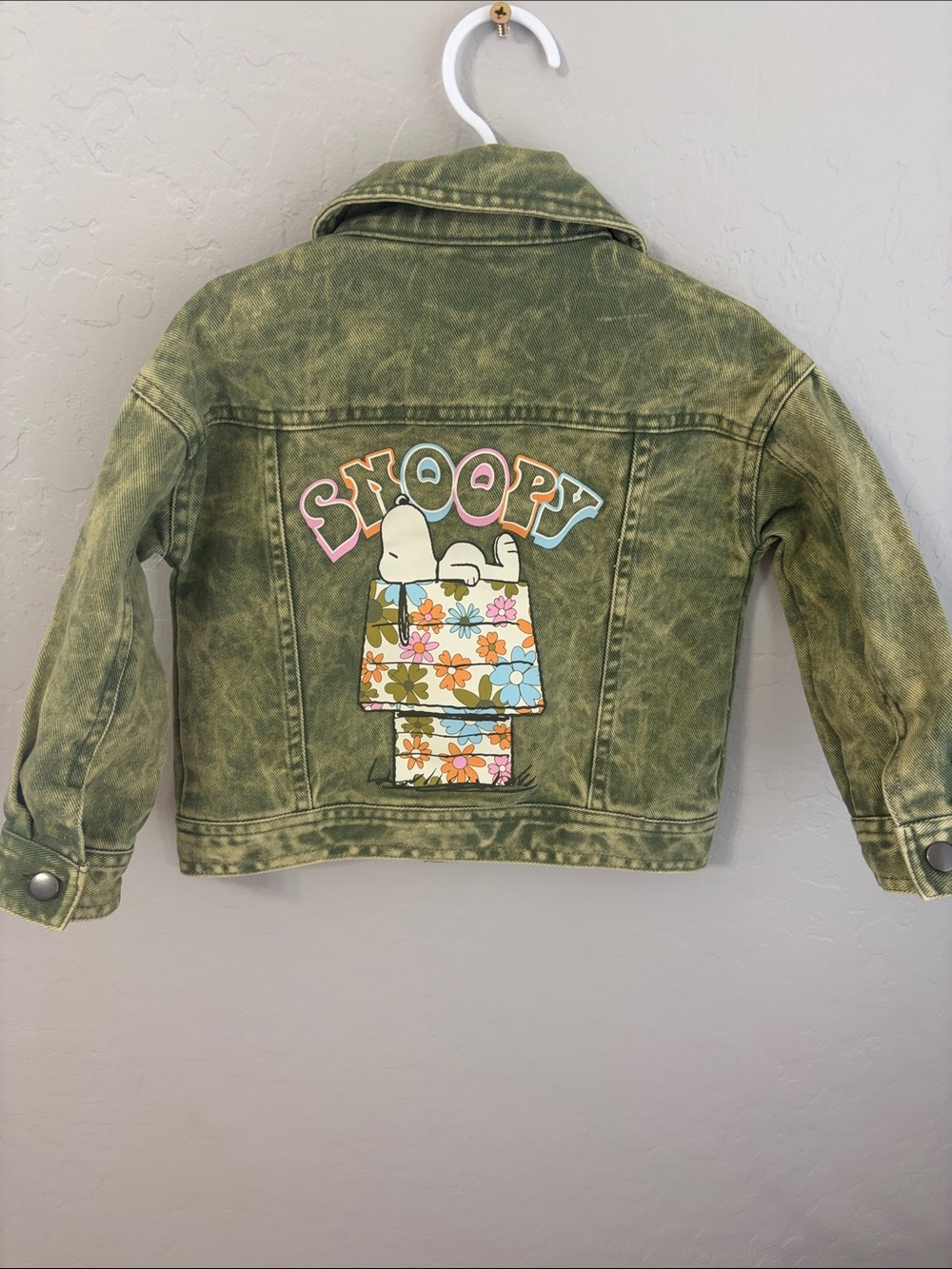 Peanuts Olive Green Denim Jacket with Snoopy Floral Patch